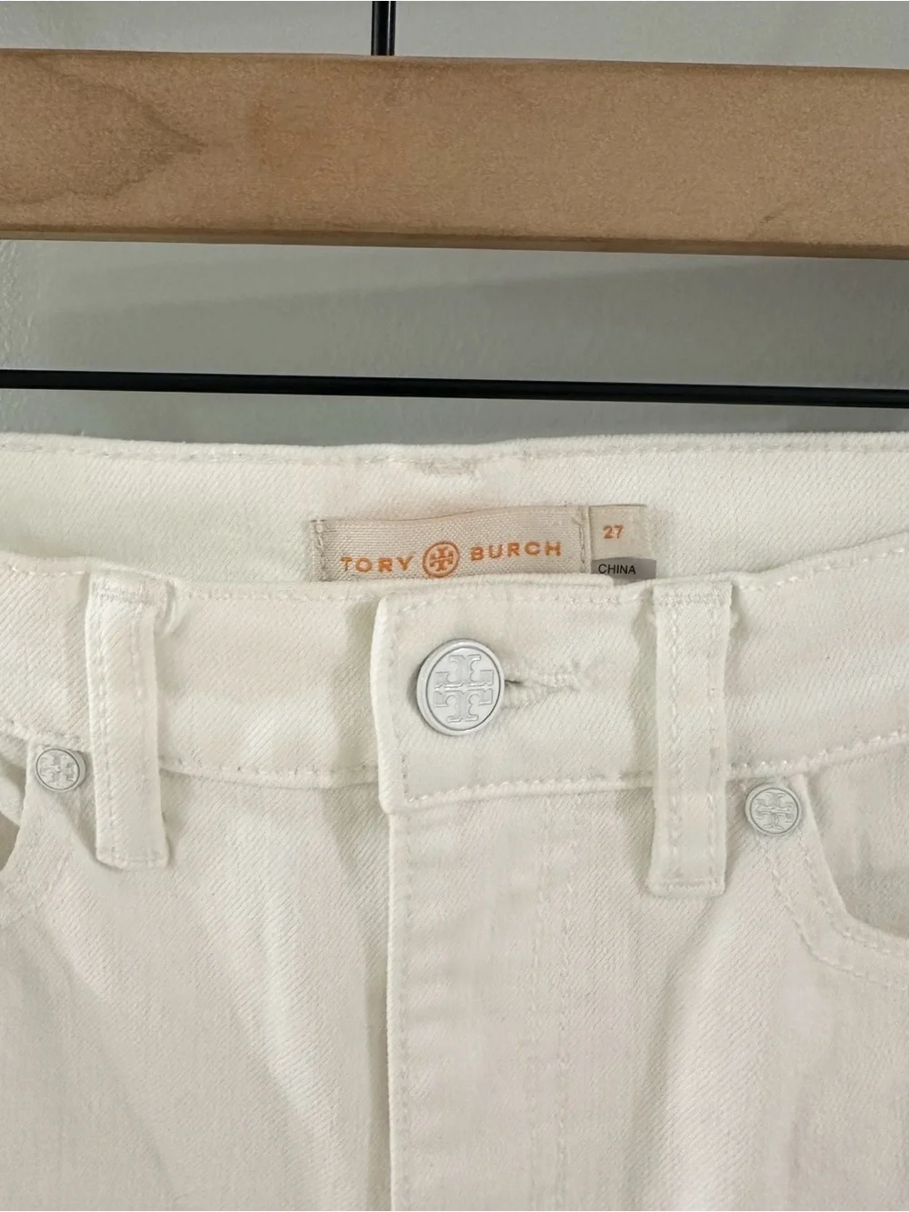 Tory Burch Kiera Straight Leg Embroidered Jeans // White // 27